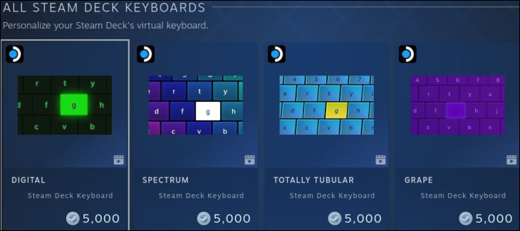 Magasin de points de thèmes de clavier Steam Deck montrant différents thèmes de clavier