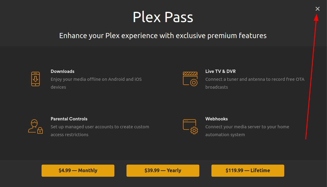 Une page Web de l'interface utilisateur Web Plex affichant les avantages de Plex Pass et les différents forfaits mensuels