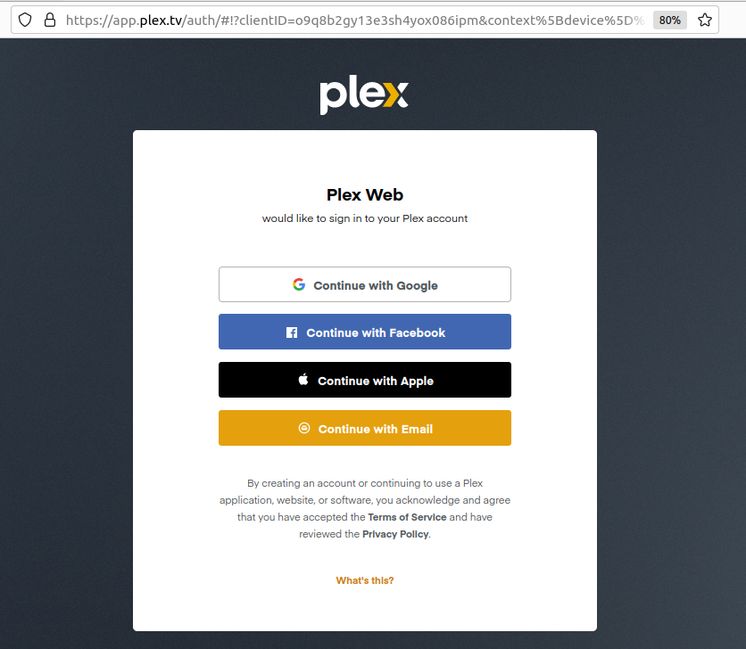 Interface de connexion de l'interface utilisateur Web Plex utilisant différentes méthodes telles que Google, Facebook, Apple et Email