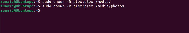 Terminal Linux affichant l'utilisation de la commande chown pour modifier les autorisations du dossier Plex
