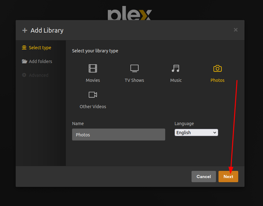 Une page Web de l'interface utilisateur Web Plex affichant les différents types de bibliothèques que vous pouvez ajouter avec la bibliothèque de photos actuellement sélectionnée
