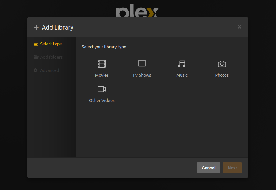 Une page Web de l'interface utilisateur Web Plex affichant les types de bibliothèques que vous pouvez ajouter à votre serveur