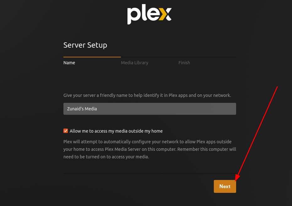 Un onglet sur la page de configuration Web Plex affichant le nom de votre serveur multimédia Plex