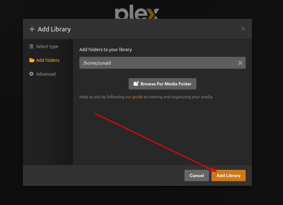 Une page Web de l'interface utilisateur Web Plex affichant les répertoires ajoutés pour votre bibliothèque sur le serveur Plex