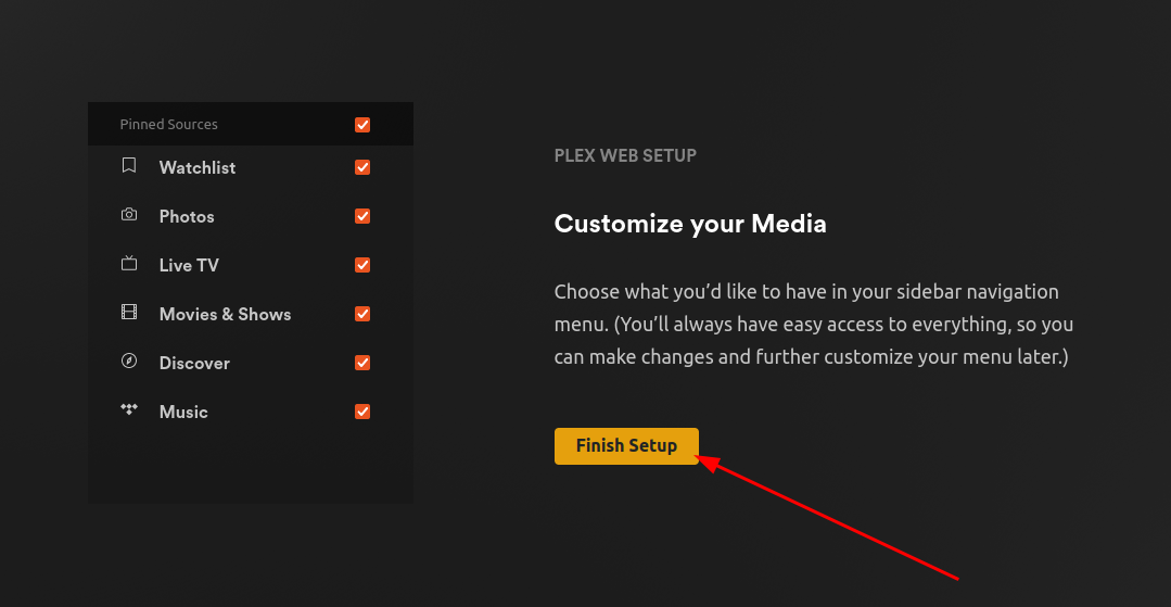 Une page Web de l'interface utilisateur Web Plex affichant les options que vous souhaitez avoir dans le menu de navigation de la barre latérale de votre tableau de bord Plex