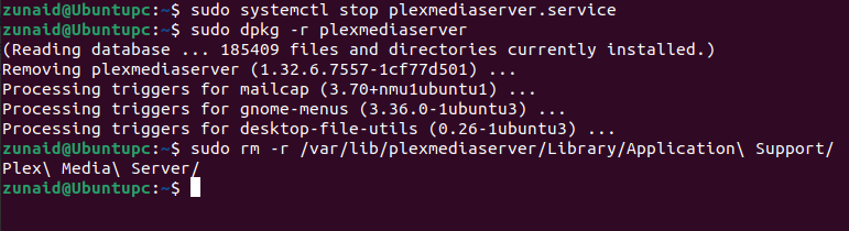 Terminal Linux affichant la commande systemctl pour arrêter le Plex Media Server