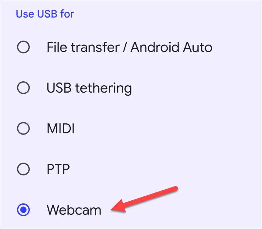 Choisir la webcam comme méthode USB.