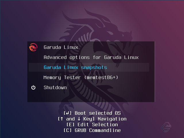 Garuda Linux Snapshots pour revenir à l'état précédemment enregistré à partir du menu GRUB.