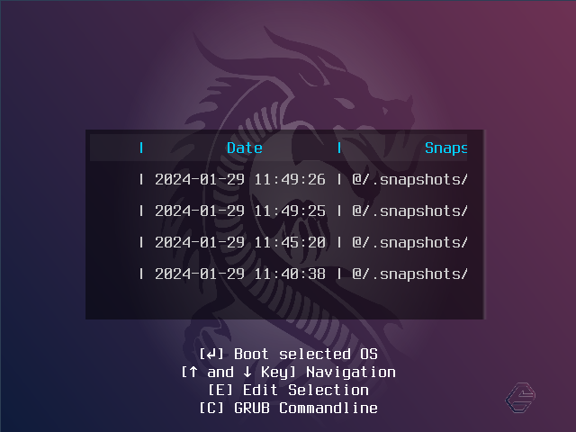 Option Garuda Linux Snapshots pour choisir parmi les instantanés précédemment enregistrés auxquels revenir.