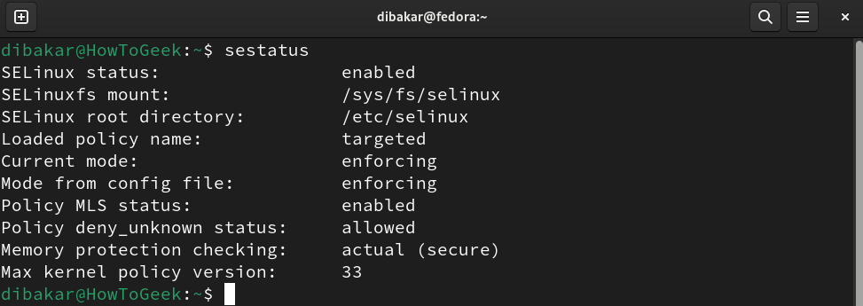 Fedora Linux Terminal exécutant la commande sestatus pour indiquer que SELinux est activé.