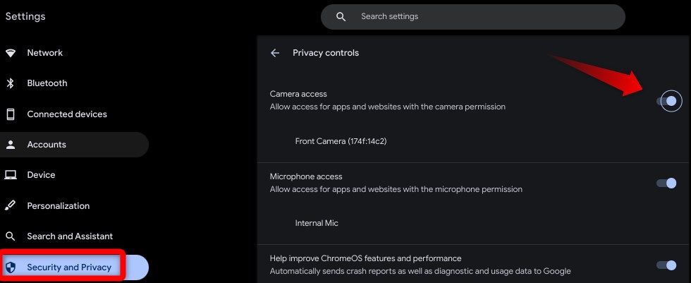 Activation de l'accès à la caméra dans les paramètres de contrôle de confidentialité des paramètres du Chromebook.