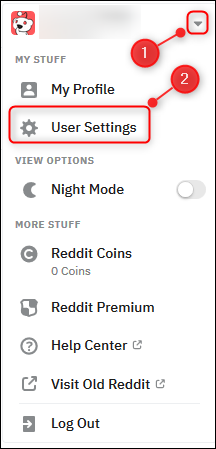 Le menu utilisateur de Reddit avec le "Paramètres utilisateur" option en surbrillance.