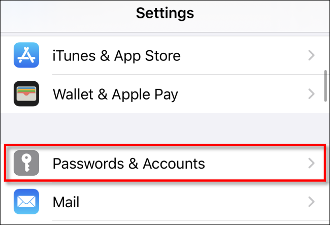 Appuyez sur Mots de passe et comptes dans les paramètres de l'iPhone