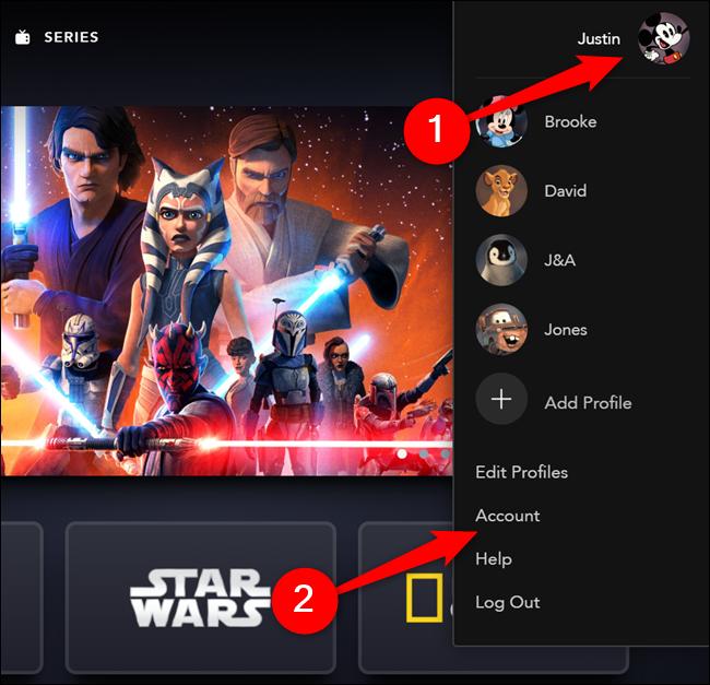 Survolez votre avatar Disney +, puis sélectionnez le "Compte" option