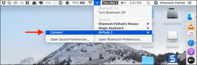 Cliquez sur Se connecter depuis le menu AirPods dans Bluetooth