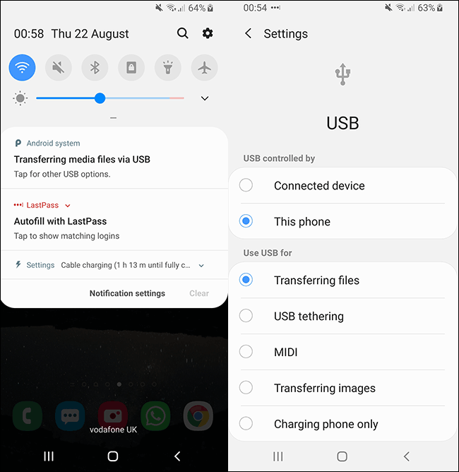 Options de connexion USB Android