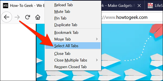 Cliquez avec le bouton droit sur un onglet ouvert et choisissez "Sélectionner tous les onglets" dans Firefox.