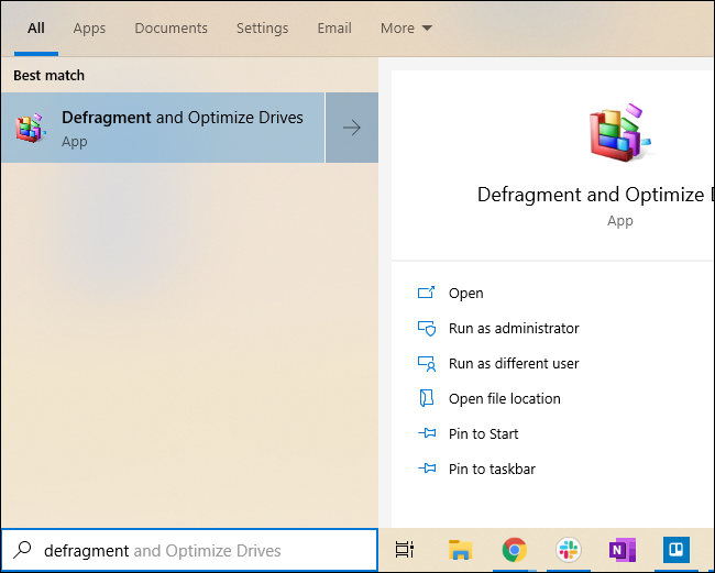 Lancement du défragmenteur de disque à partir du menu Démarrer de Windows 10