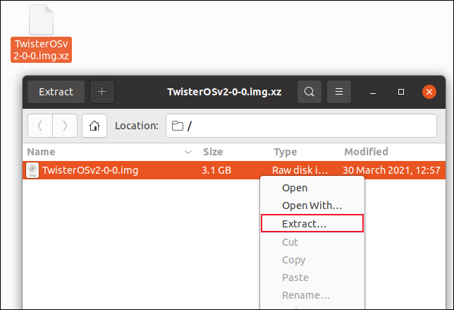 Gestionnaire d'archives avec fichier d'archive Twister OS ouvert