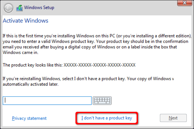 Le programme d'installation de Windows 10 n'a pas de lien de clé de produit