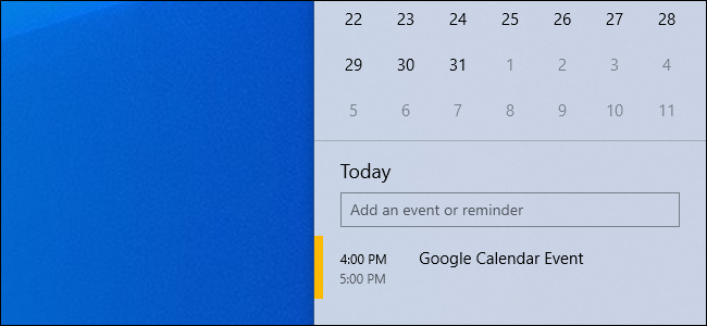 Un événement Google Calendar dans la fenêtre contextuelle du calendrier de la barre des tâches de Windows 10.
