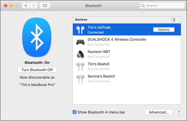 La "Dispositifs" liste dans le "Bluetooth" menu.