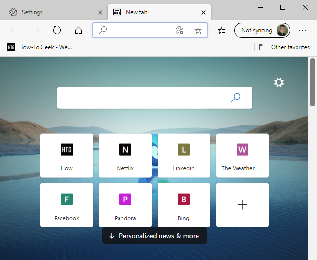 Le nouveau navigateur Microsoft Edge basé sur Chromium, affichant une page Nouvel onglet.