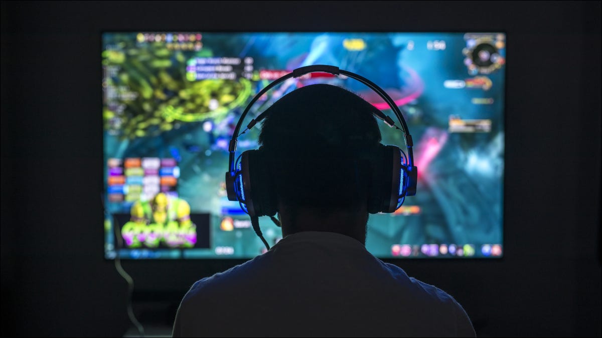 L'arrière de la tête du jeune joueur devant un écran d'ordinateur.