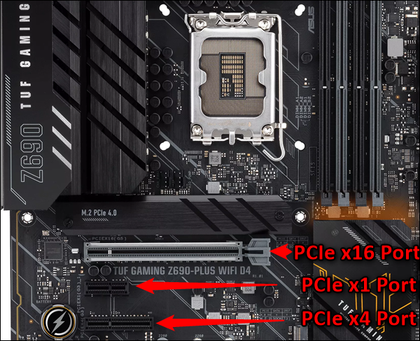 Une carte mère ASUS avec les ports PCIe x1, x4 et x16 étiquetés.