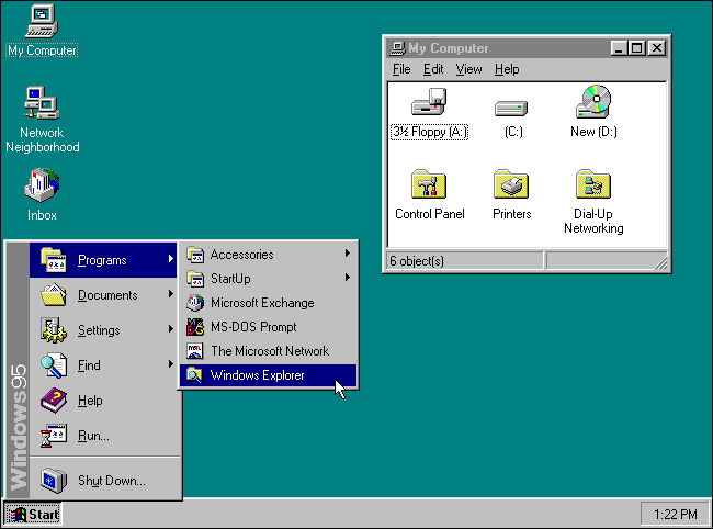 Le bouton Démarrer sur un bureau Microsoft Windows 95.